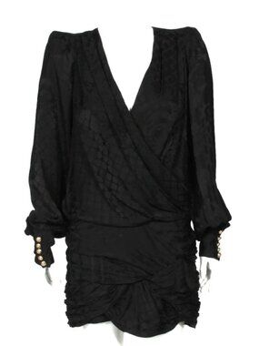 BALMAIN x H&M Black Long Sleeve Draped Jacquard-weave Silk Mini Dress sz 10 /695